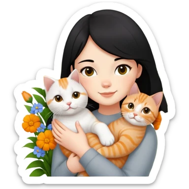 A black-haired girl happily holds a Ginger British Shorthair Cat in the flowers sticker