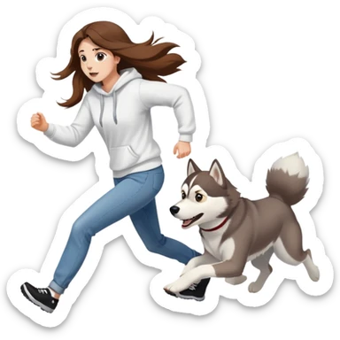 The husky is running in front, and a beautiful girl with long hair wearing a white sweatshirt and jeans is chasing behind. sticker