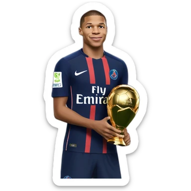 Kylian Mbappe holding the champions league with psg sticker