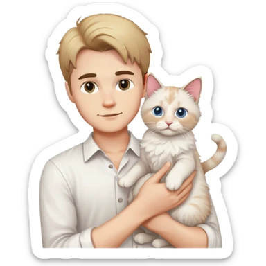A young handsome Caucasian man in a white shirt holding a ragdoll cat sticker