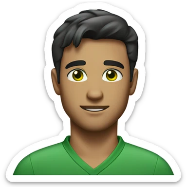 Man 21 years old, with trimmed beard, green eyes, short dark hair, dressed in a polo shirt sticker