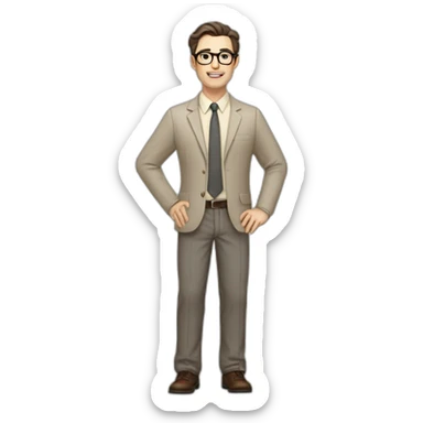 Full height Gesticulating Pale skinned fit man with dark brown hair in gray jacket, beige office shirt, brown tie, brown pants and vintage glasses. sticker