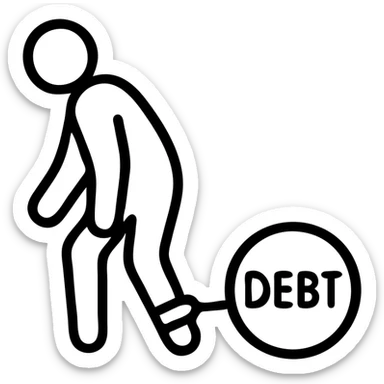 debt emoji icon showing a person weighed down by a ball and chain labeled 'debt', simple and expressive sticker
