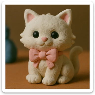 cute fluffy white kitten with a light pink bow, claymation style sticker