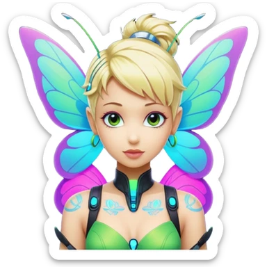 Isolated, 3D rendering, Tinkerbell cyberpunk futuristic style, ultra detailed vibrant colored wings, a one piece cyberpunk neon color outfit, playing with a detailed butterfly sticker