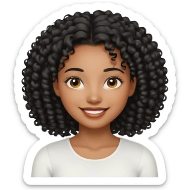 a young woman.She has voluminous, curly black hair that frames her face beautifully. Her skin tone is black light and glowing, and she has a subtle, natural makeup look. She’s smiling softly at the camera. She is wearing a white top sticker