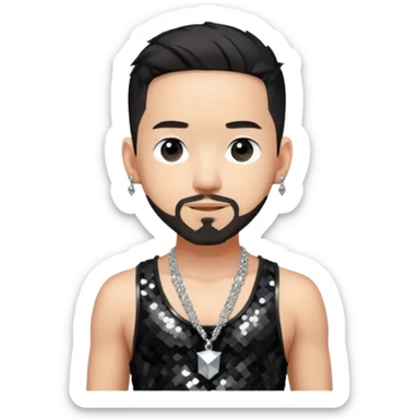Mike Shinoda with black sequin crop top, silver sequin harem pants, shirtless with necklace sticker