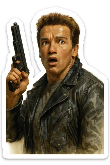 Arnold Schwarzenegger as the Terminator, surprised expression, holding a raised gun, realistic painted style sticker