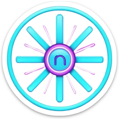 futuristic minimalistic emoji icon, letters "N" formed by three glowing digital lines representing Storm, Atom and NoizeGames, neon purple (#8B5CF6) and cyan (#00E0FF) on dark background, modern tech style, 1:1 aspect ratio sticker