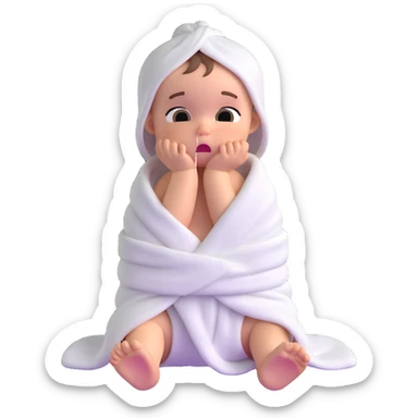 baby wrapped in a towel, crying, looking away from the shower sticker