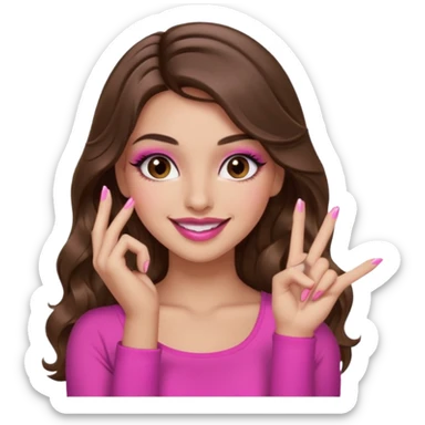 girl with long wavy brown hair, brown eyes, long lashes makeup, sexy pink lips, light to medium complexion, pink sexy top, smiling, hand by the cheek snapping fingers sticker