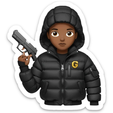 african american wearing a black puffer jacket with the hood on and holding a glock 26 sticker