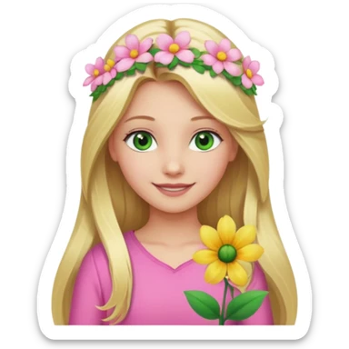 Girl profile picture with long blonde hair and green eyes and a flower in her hair. and a pink outfit sticker