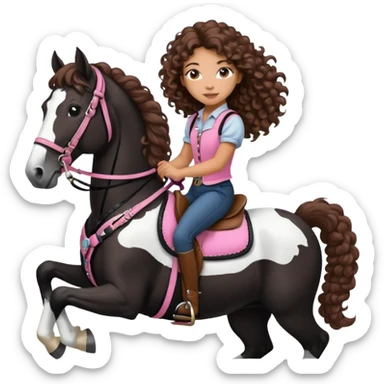 Realistic mixed race girl with long curly hair, riding a big black and white draft horse, wearing pink harness and saddle  sticker