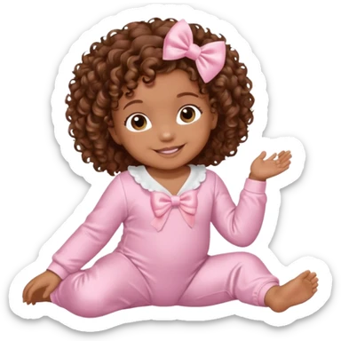 Brown skin 6 month old baby with brown curly hair down laying down smiling with satin baby pink onesie and white bow sticker