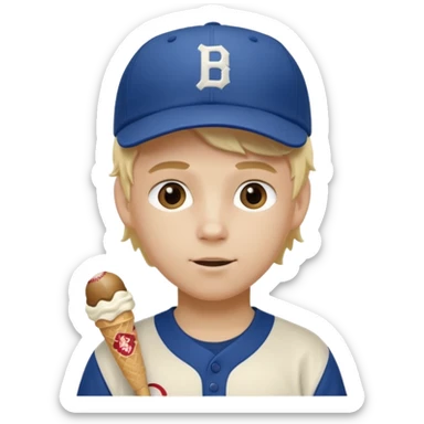 Make a white boy with blond ice cream hair and visors in a baseball jersey and a baseball hat sticker