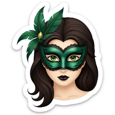 Greeneyed Woman with Long Dark brown hair wearing Black venetian mask sticker