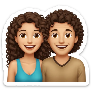 two people. one woman with long curly dark brown hair. one man with brown hair that goes up. they are laughing sticker