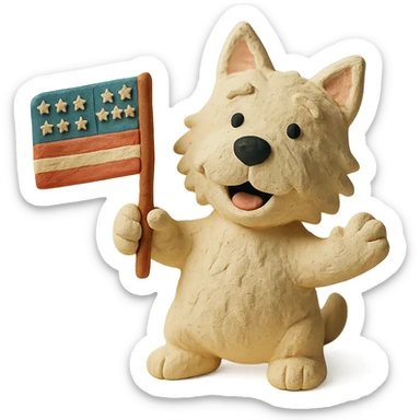 happy Westie dog waving a small US flag, claymation style sticker
