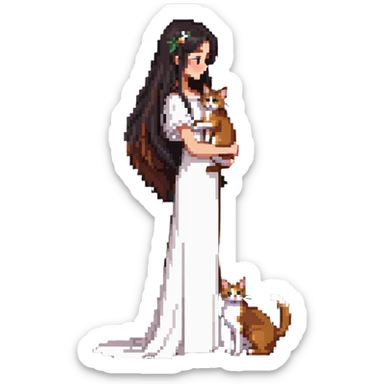 beautiful girl with long black hair wearing a white dress holding an Abyssinian cat with reddish-brown fur in her arms, side view sticker
