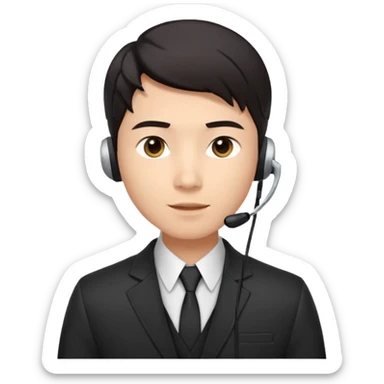 A young Asian man with smooth light skin, dark hair that swoops upward in the front, expressive eyes, a clean-shaven face, and a call-center style headset over one ear, usually paired with a crisp shirt and suit jacket visible from the chest up. sticker