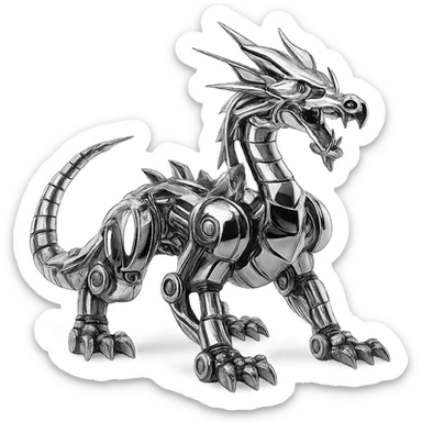 massive chrome-plated robotic dragon with articulated limbs, mechanical tail, powerful pose, 1:1 aspect ratio sticker