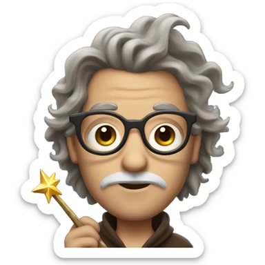 wizard with fluffy brown hair, no beard and glasses holding a star wand sticker