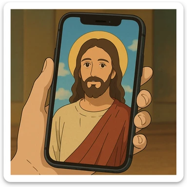 an iPhone with a Ghibli-style Jesus as the wallpaper sticker