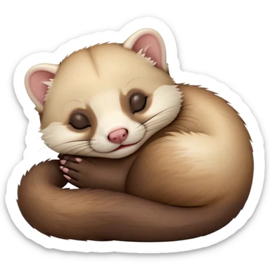 Meme-Worthy Cute Sleeping sable ferret Portrait Emoji, Head resting peacefully with a contented smile, showcasing a long, flexible body curled up in cozy repose, luxuriously soft fur in warm brown and cream, and eyes gently closed in serene slumber, Simplified yet hilariously adorable features, highly detailed, glowing with a soft, drowsy natural light, high shine, relaxed and utterly lovable, stylized with an air of playful laziness, bright and heartwarming, soft glowing outline, capturing the essence of a sleeping sable ferret that feels destined to become the next viral sensation of adorable rest! sticker
