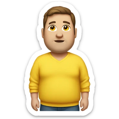 fat man with brown hair and yellow sweatsh sticker