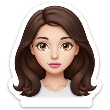 girl with wavy long dark brown hair, brown eyes, light to medium complexion, long lashes, almond shaped eyes, light pink lipstick, square shaped face sticker