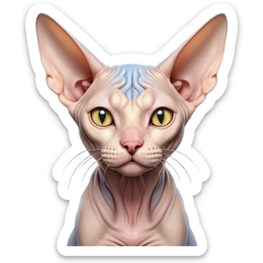Cinematic Grumpy Sphynx Cat Portrait Emoji, Head tilted slightly with a deeply unimpressed expression, smooth, wrinkled skin with pronounced facial folds giving a permanent look of disapproval, large ears standing tall, piercing eyes narrowed into an unamused glare, Simplified yet comically expressive features, highly detailed, glowing with a dry, sarcastic glow, high shine, effortlessly judgmental yet dignified, stylized with a touch of cynicism, bright but brooding, soft glowing outline, capturing the essence of an eternally unimpressed yet endearing feline, so lifelike it feels like it could sigh heavily at you in disdain at any moment! sticker
