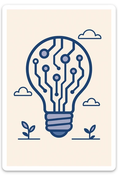 stylized circuit board forming a lightbulb icon, professional style, blue accents sticker
