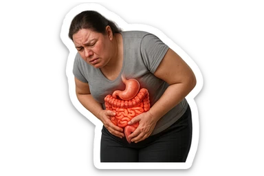 DONNA LEGGERMENTE SOVRAPPESO PIEGATA IN AVANTI FRONTALMENTE CON INTESTINO ANATOMICO IN EVIDENZA, MAL DI PANCIA iperrealistico 4k sticker