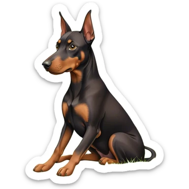 Close-up of a Doberman Pinscher sitting on lush green grass, looking alert and majestic. The background features a beautiful, serene nature view with rolling hills and bright blue skies. The dog’s sleek black and tan coat shines under the sun. Transparent background. sticker