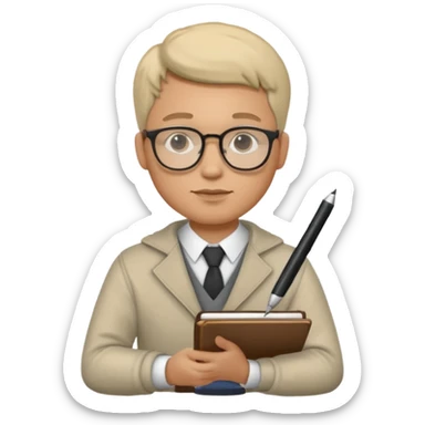 man hold a pen in hand write in book , wearing glasses sticker