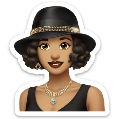 Flapper feminine brown eyes black hat jeweled flapper style  hat earrings wavy dark hair smirk sticker