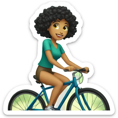Fair girl with curly black hair riding bicycle early in the morning with trees in the background  sticker