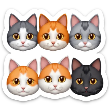 5 different coloured short haired cats including; a dark brown and white cat, and a dark grey and white, and a calico sticker