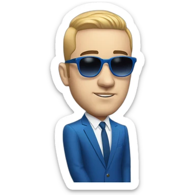 mac miller with a blonde comb over skin fade wearing a blue suit and sunglasses sticker