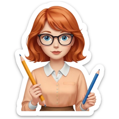 redheaded woman with long wavy hair and bangs, blue eyes, cat-eye glasses, wearing a pencil skirt and apricot blouse, holding a pencil sticker