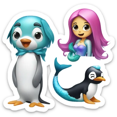 pinguin with dog and mermaid with blue and pink color sticker