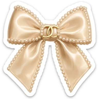 Remove the background, keep only the elegant bow with pearls and gold Chanel logo, glossy, pastel colors, realistic style, with no background. beige sticker