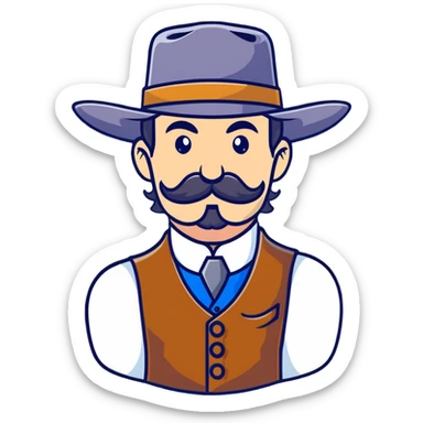 Dutch van der Linde from Red Dead Redemption, charismatic gang leader with mustache, wearing a vest and hat, wild west outlaw sticker