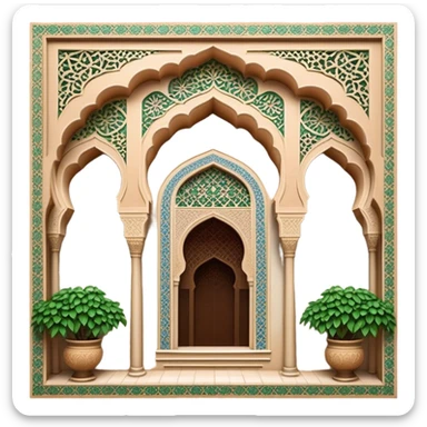 Alhambra – Cinematic Realistic Alhambra, depicted as a majestic Moorish palace with intricately carved arches, lush courtyards, and detailed tile work, bathed in soft golden light and dynamic shadows that highlight its opulent historical beauty. sticker