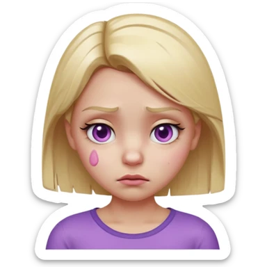 Blonde girl emoji, head and slight shoulders visible, one eye bruised pink and slightly swollen (cartoon black eye), soft pink-purple bruise shading around eyelid, cute but annoyed expression, glossy smooth 3D emoji render, centered composition, clean lighting, white or transparent background. sticker