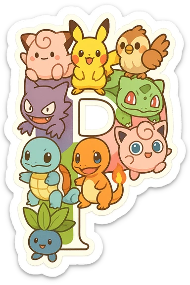 The letter P formed out of various Pokémon characters, playful and colorful style, vibrant and fun sticker