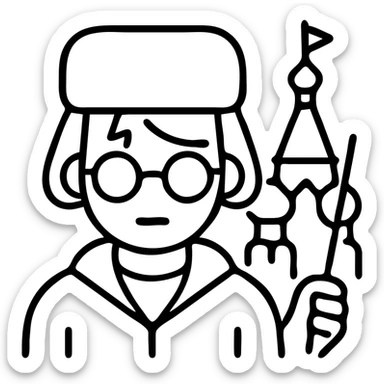 Harry Potter character with lightning scar, round glasses, holding wand, wearing ushanka Russian hat with Red Square in background sticker