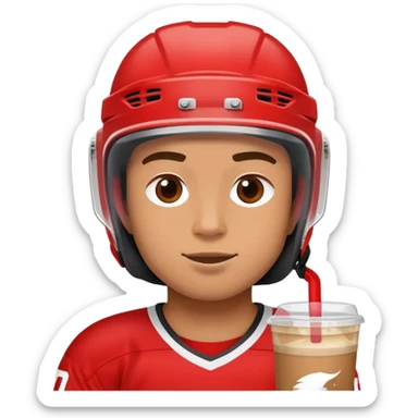 hockey player wearing red drinking an iced coffee wearing a helmet  sticker