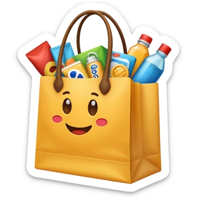 A shopping bag with diverse products peeking out, fun and engaging. sticker